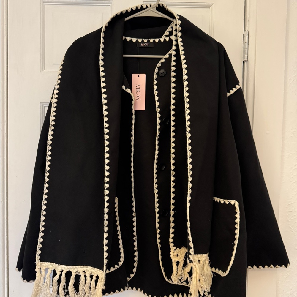 Black and Cream Women's Jacket with Scarf